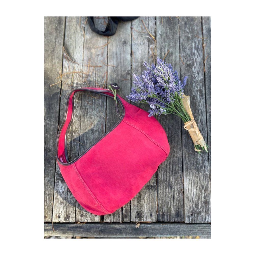 Vintage 90s Liz Claiborne Pink Faux Suede Handbag Flower Pull Tab
